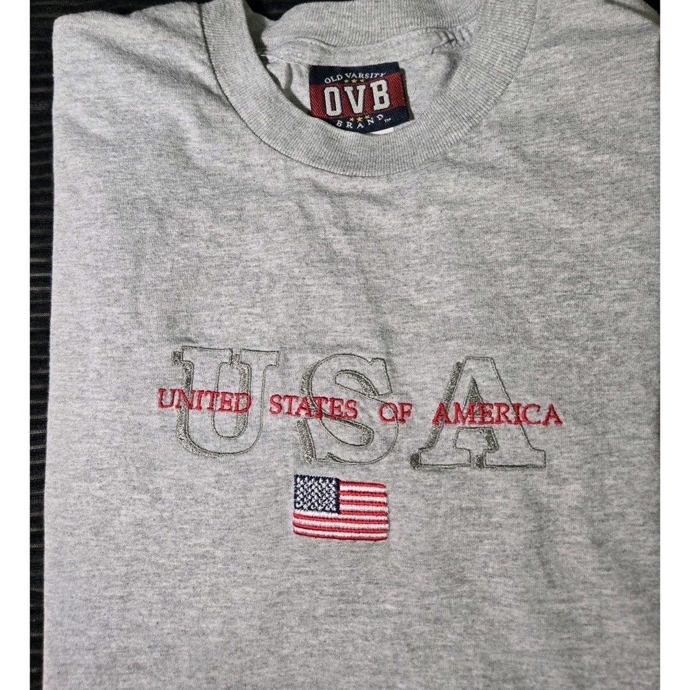 Flag Chest Vtg OVB Old Varsity Brand Medium America Embroidery Shirt Gray